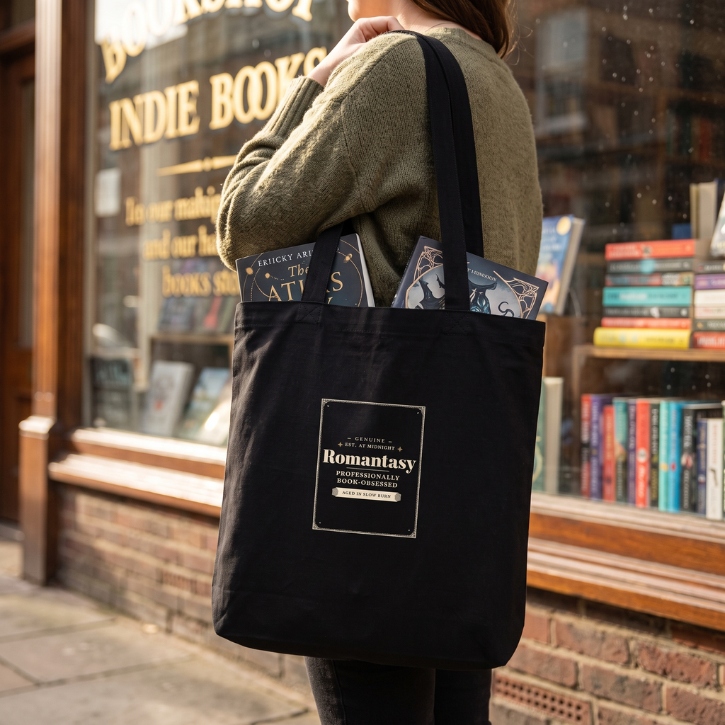 Romantasy — Professionally Book-Obsessed — tote bag carried by a reader
