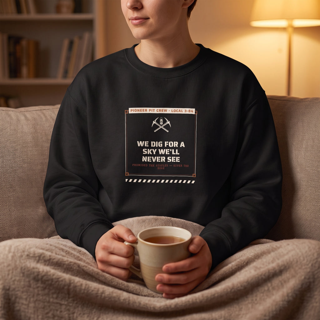 We Dig for a Sky We'll Never See — Pioneer Pit Crew — sweatshirt worn by a reader