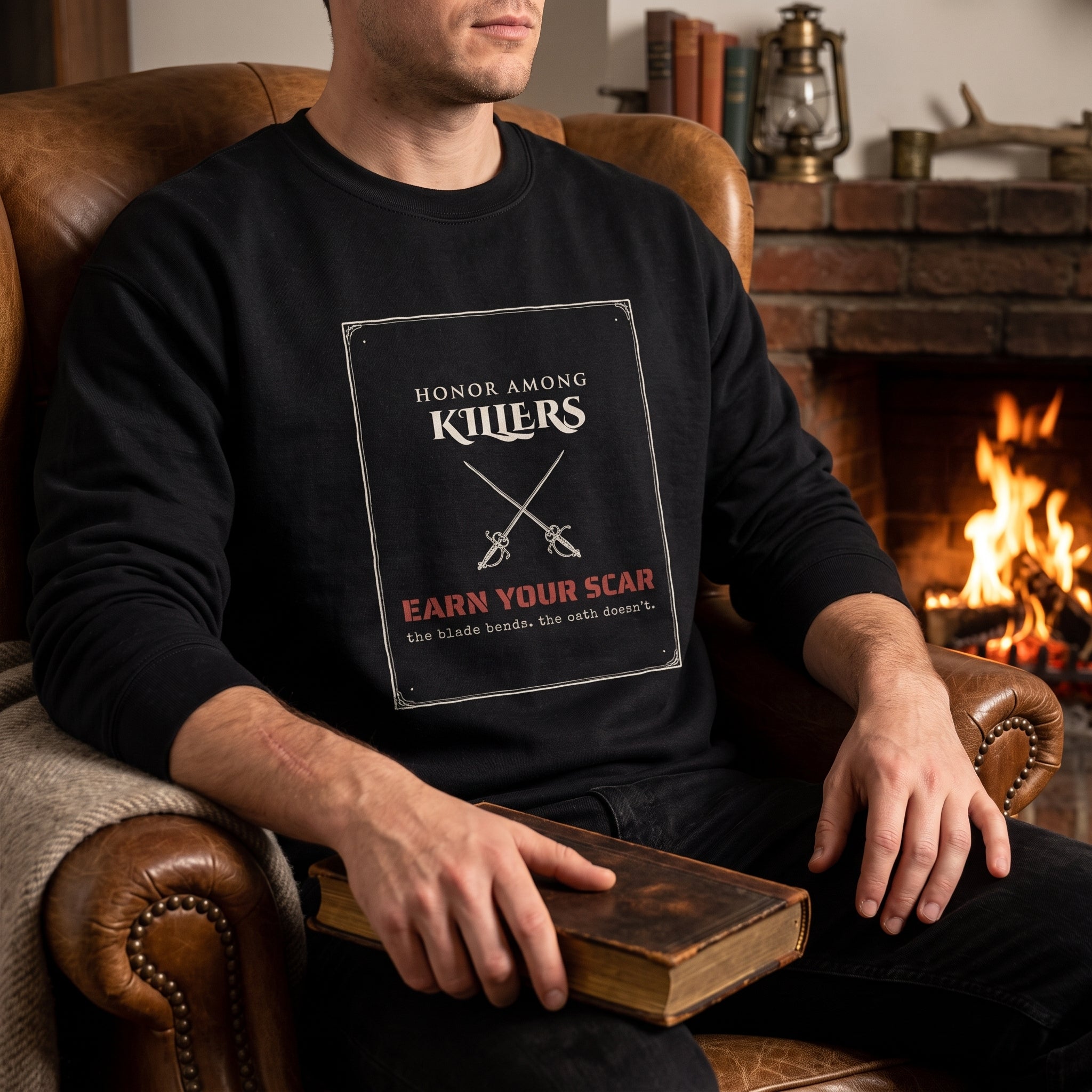 Honor Among Killers — Earn Your Scar — sweatshirt worn by a reader