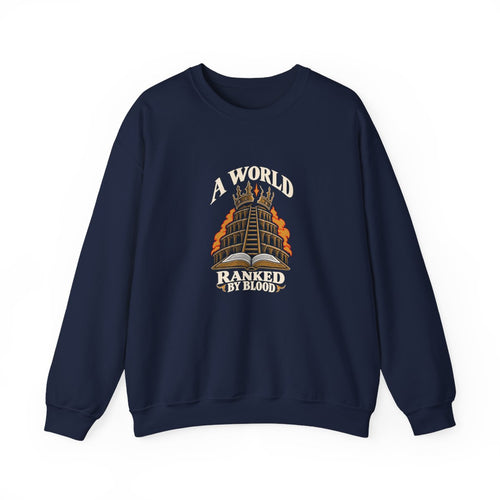 A World Ranked by Blood Crewneck Sweatshirt in Navy, front design