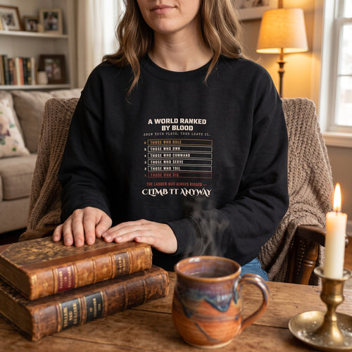 A World Ranked by Blood — Climb It Anyway — sweatshirt worn by a reader