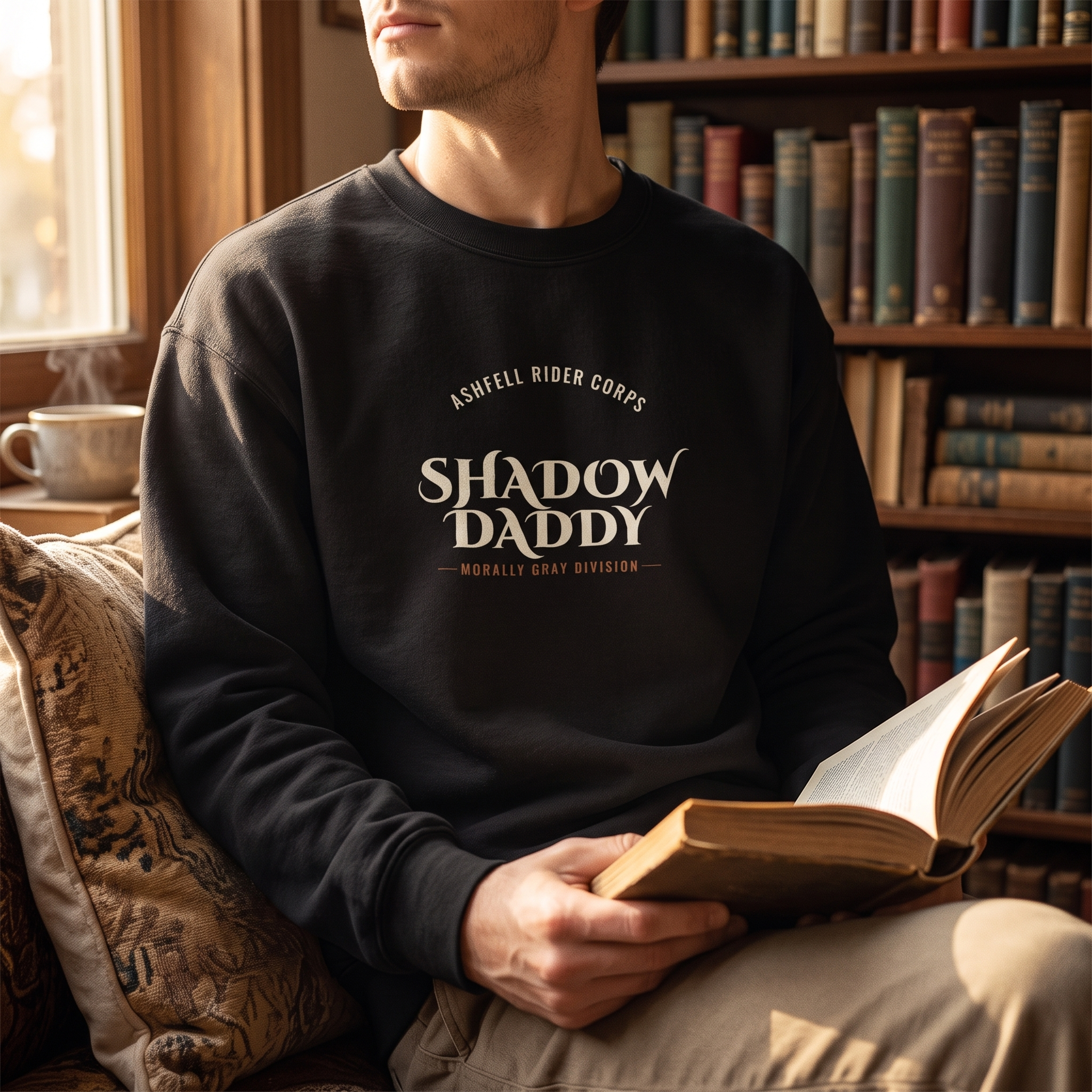 Ashfell Rider Corps — Shadow Daddy, Morally Gray Division — sweatshirt worn by a reader