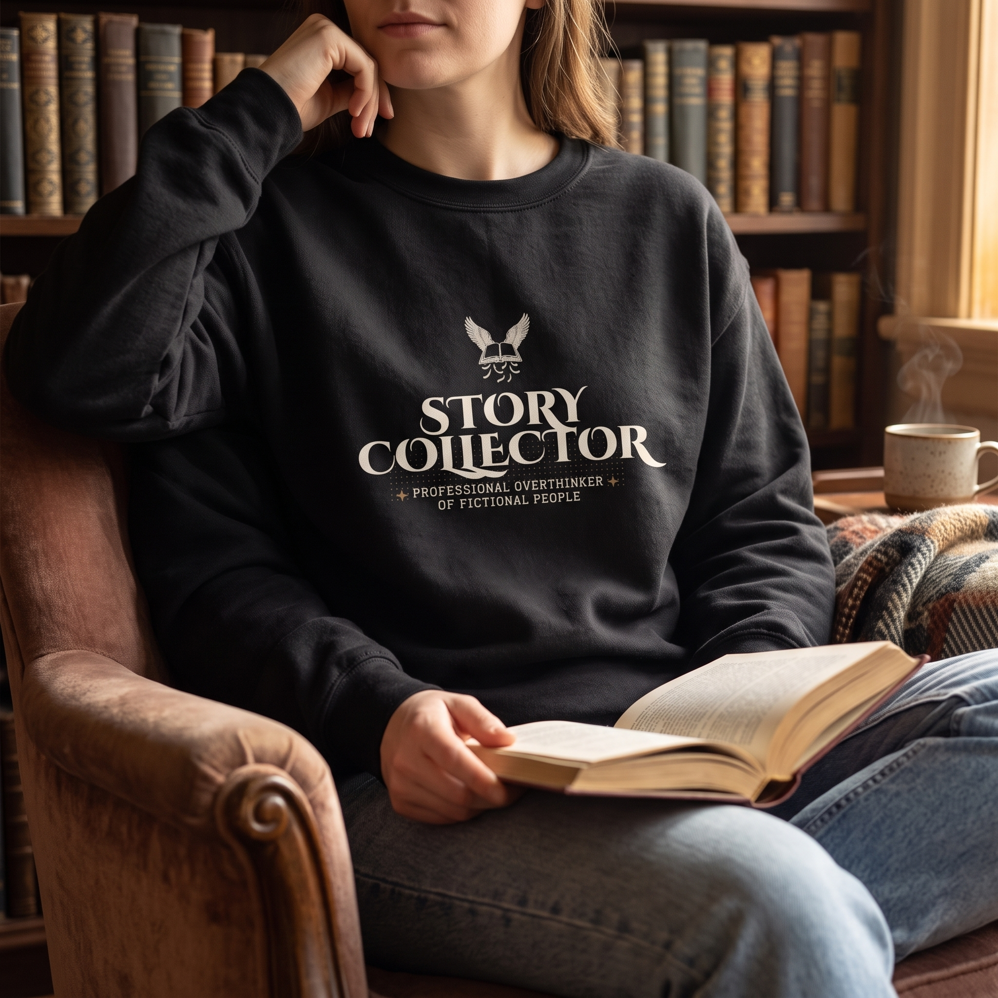 Story Collector — professional overthinker of fictional people — sweatshirt worn by a reader