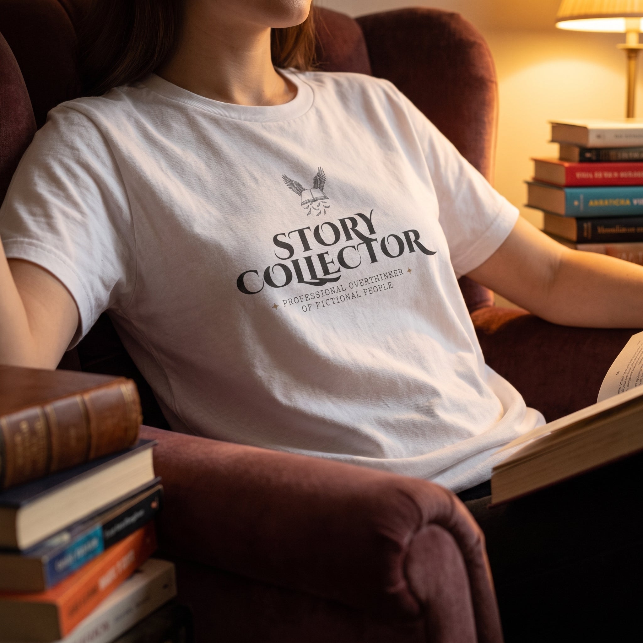 Story Collector — professional overthinker of fictional people — t-shirt worn by a reader