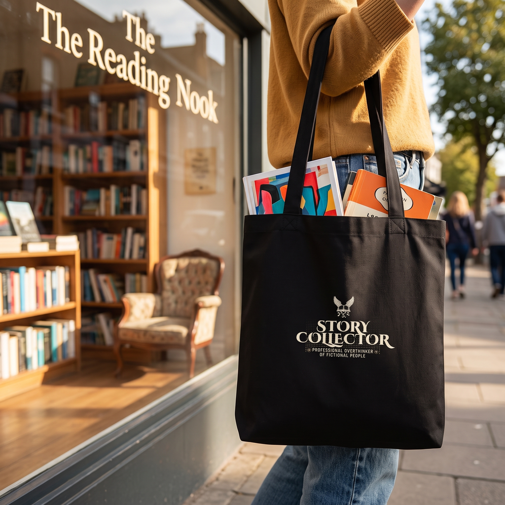Story Collector — professional overthinker of fictional people — tote bag carried by a reader