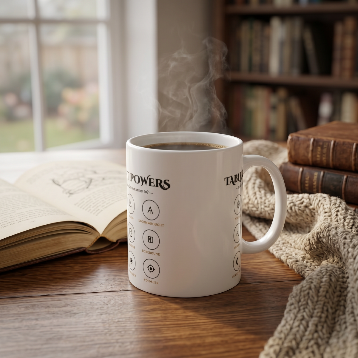 Table of Powers — an invented alphabet for the magic-system faithful — mug in a reader’s hands