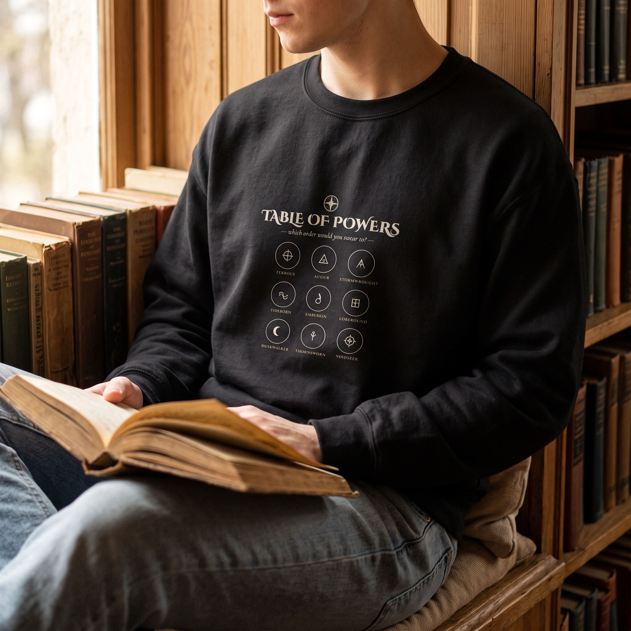Table of Powers — an invented alphabet for the magic-system faithful — sweatshirt worn by a reader