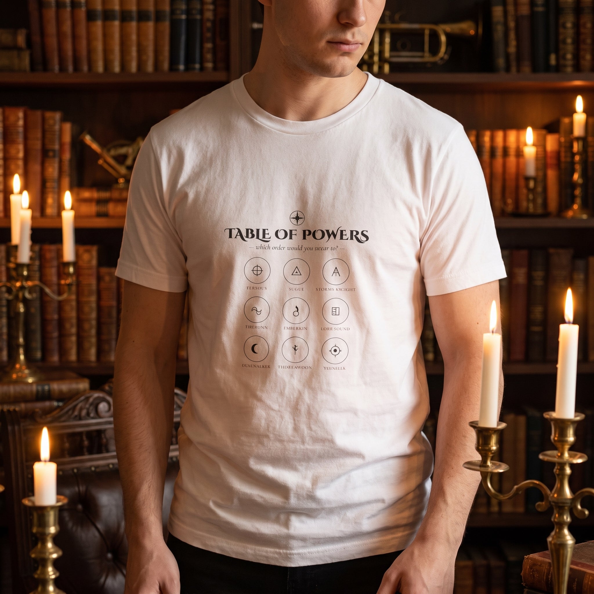 Table of Powers — an invented alphabet for the magic-system faithful — t-shirt worn by a reader