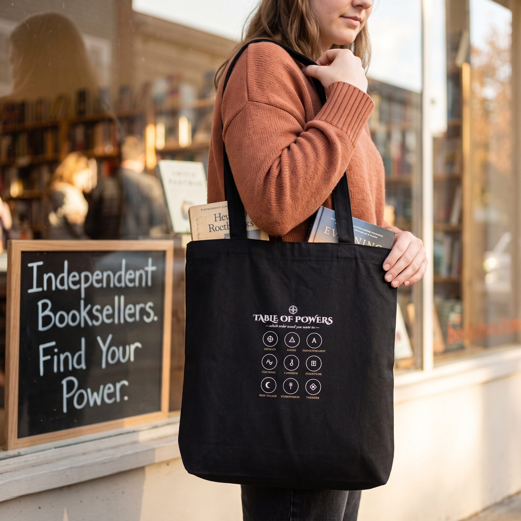 Table of Powers — an invented alphabet for the magic-system faithful — tote bag carried by a reader