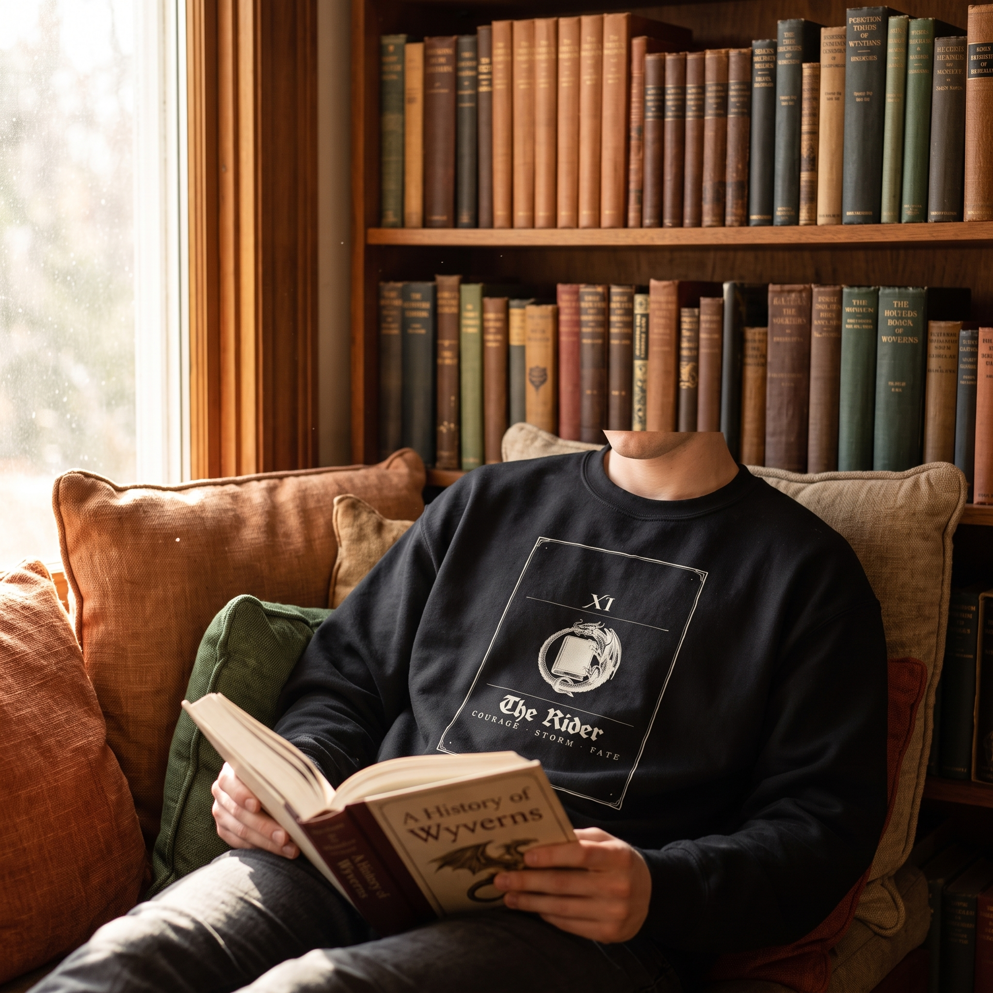 The Rider · XI — a tarot for the dragon-bonded reader — sweatshirt worn by a reader