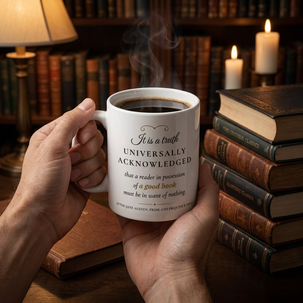 It is a truth universally acknowledged that a reader in possession of a good book must be in want of nothing — mug in a reader’s hands