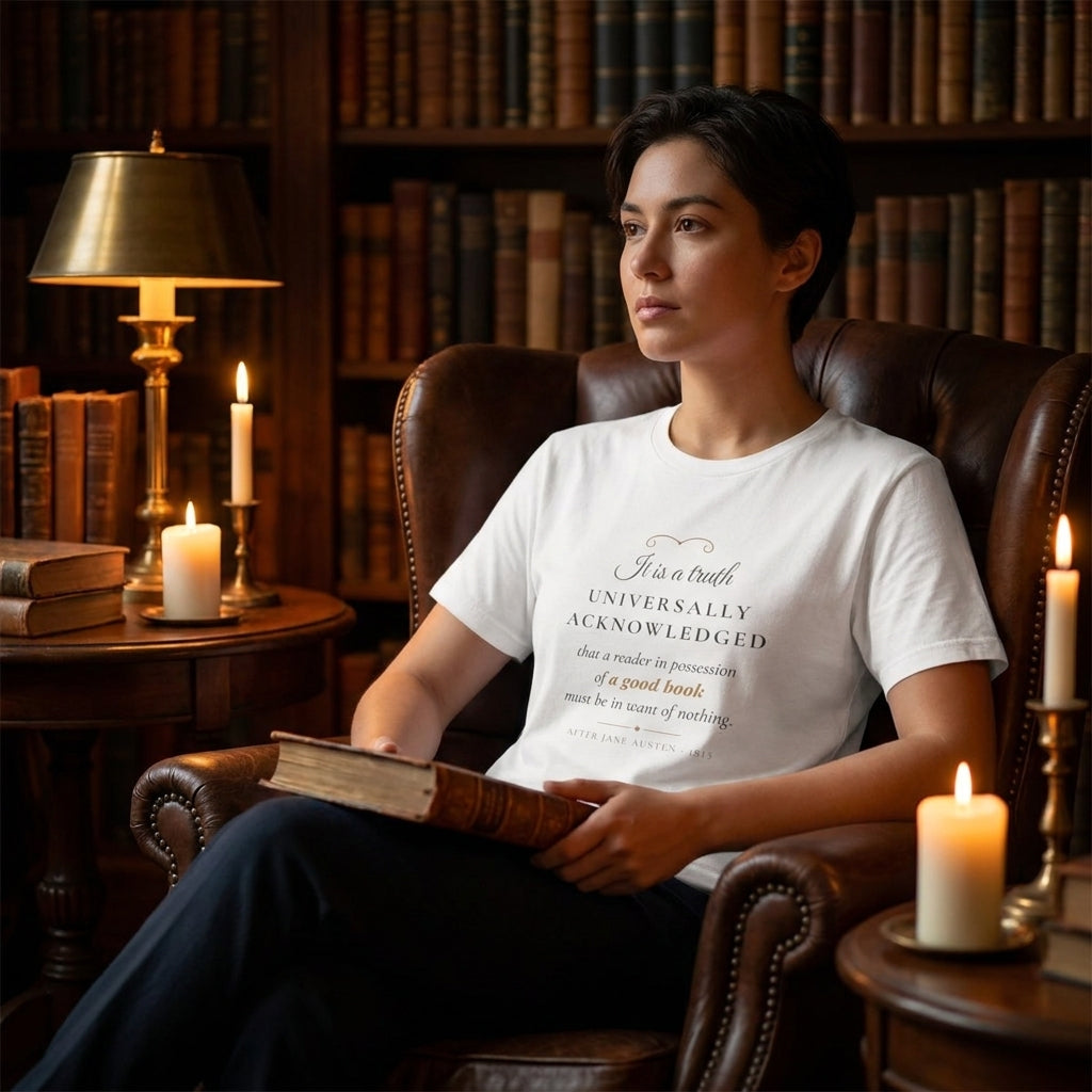 It is a truth universally acknowledged that a reader in possession of a good book must be in want of nothing — t-shirt worn by a reader