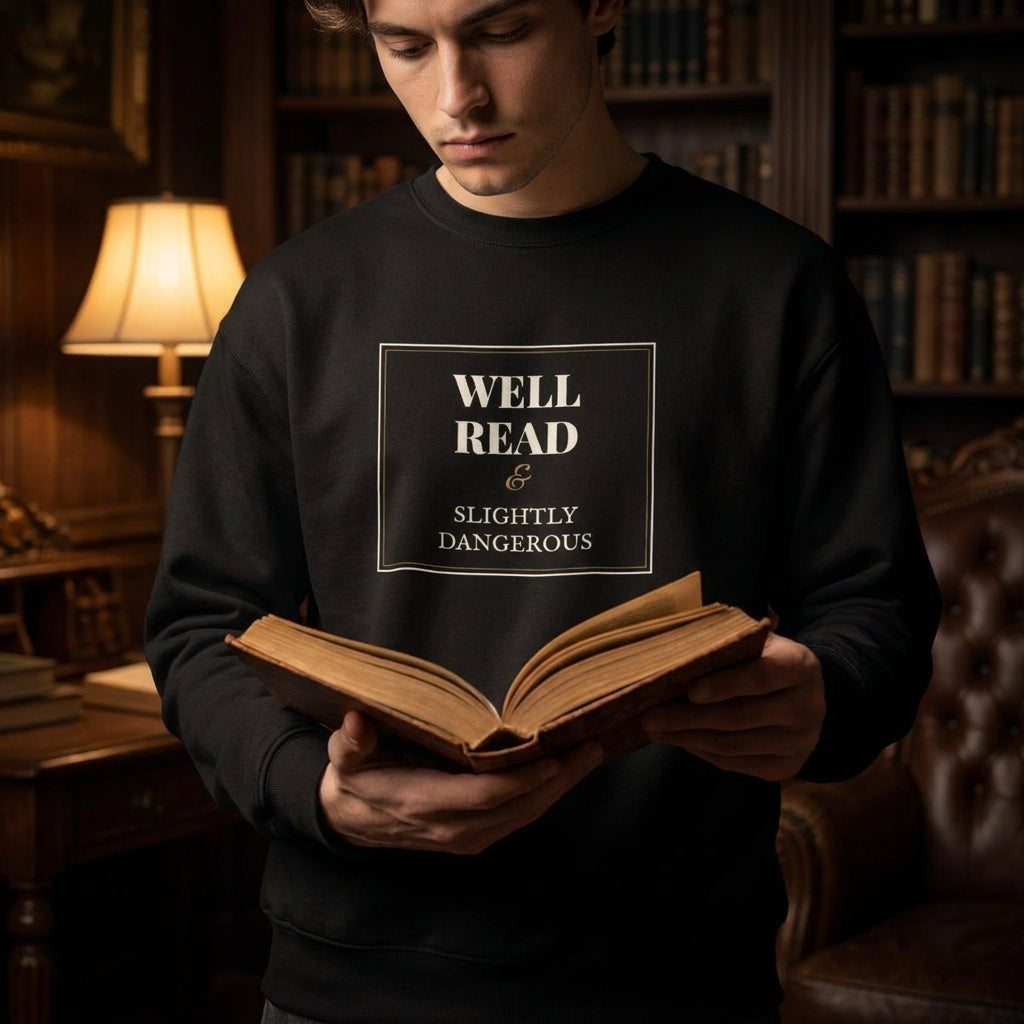 Well Read and Slightly Dangerous — sweatshirt worn by a reader