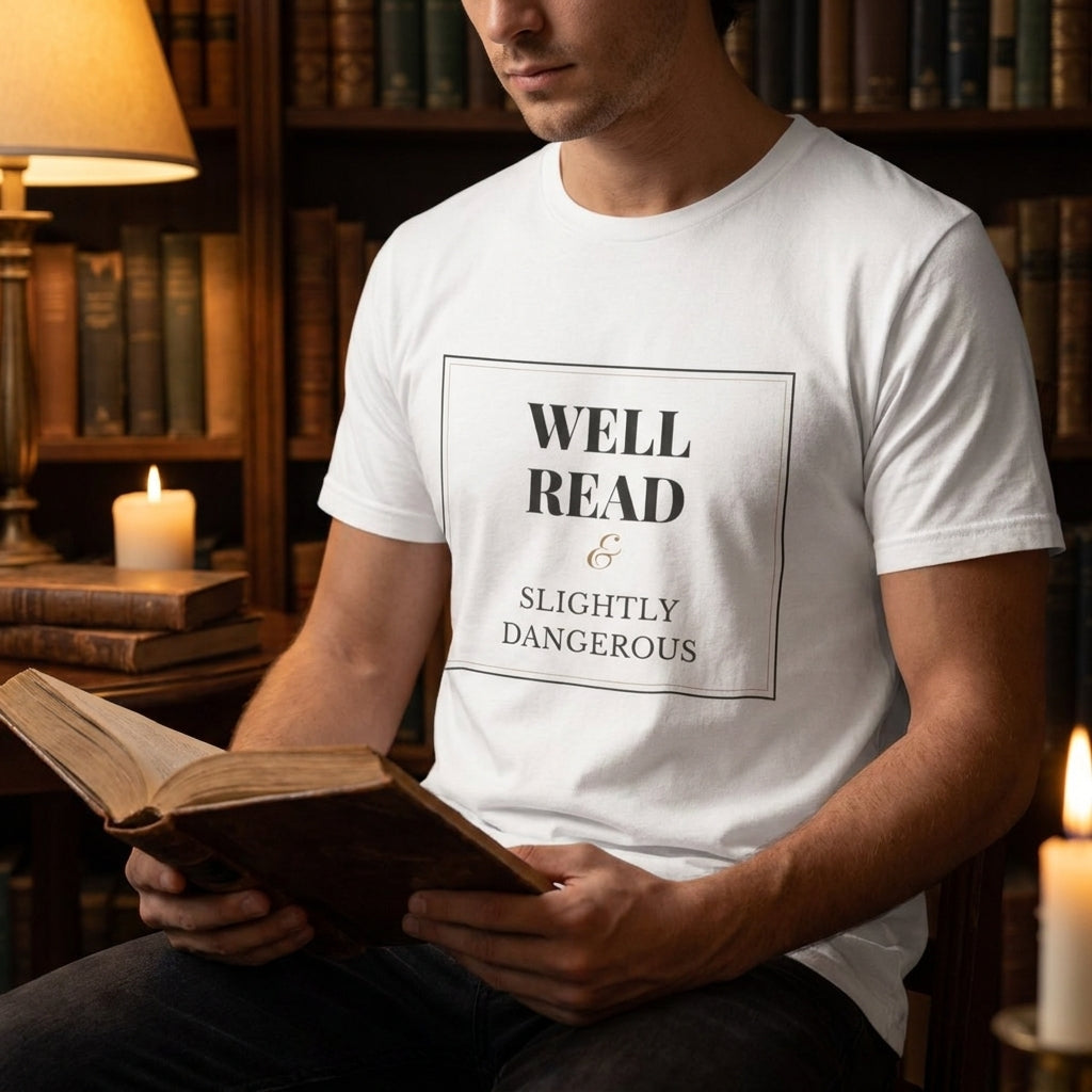 Well Read and Slightly Dangerous — t-shirt worn by a reader