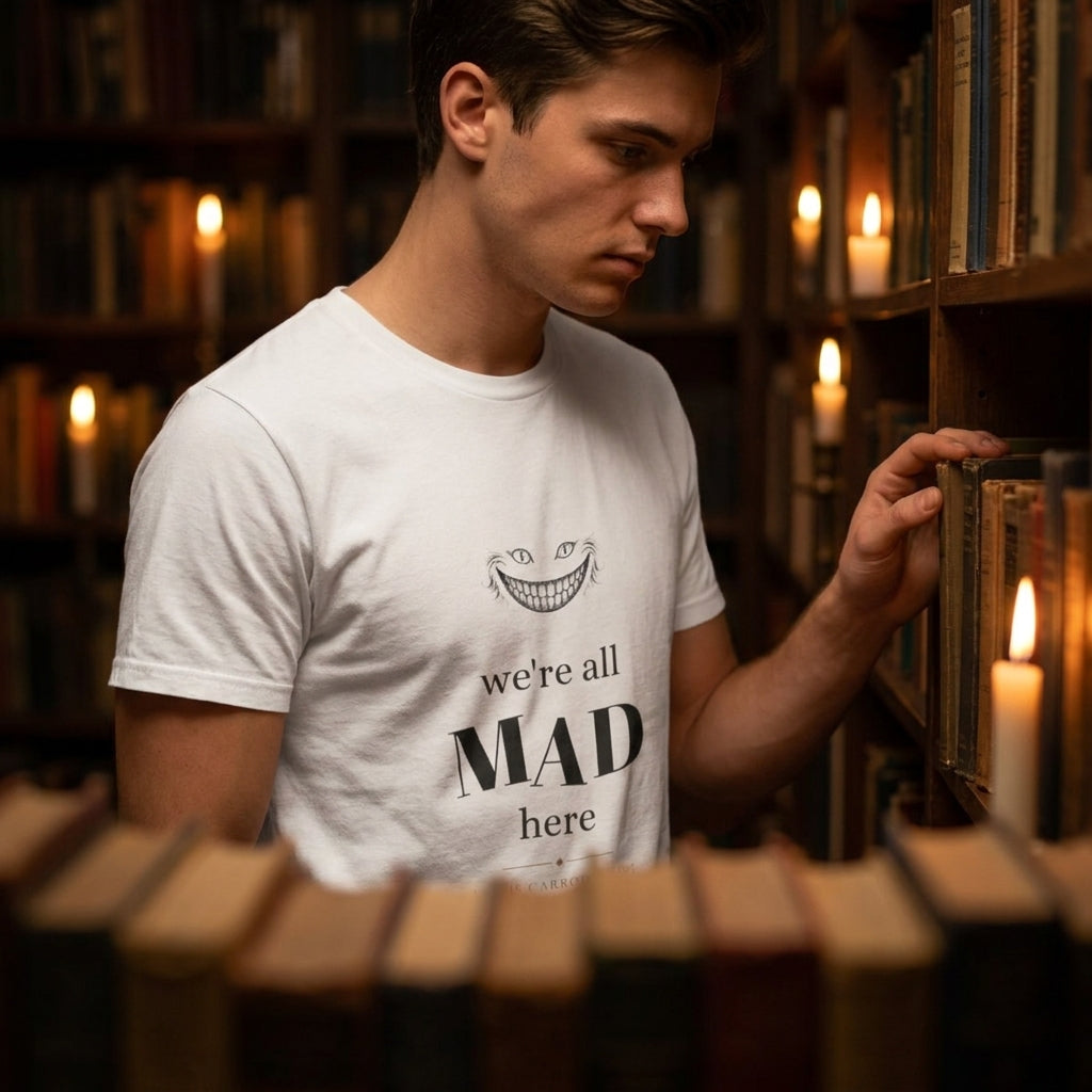 We're all mad here — t-shirt worn by a reader